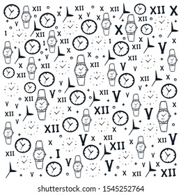 Hand draw doodle background with watch, clock, time and roman numerals