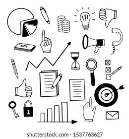 Hand draw doodle business elements. Concept bank business finance analytics earnings. Vector 