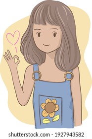 Hand draw doodle character art vector of a cute tan skin girl is smiling and show Ok hand sign. Illustration in theme of optimistic and good feeling.