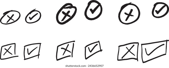 Doodle-Häkchen für Handzeichnung. Handgezeichnete Scheck- und Pfeilzeichen. Doodle-Effekt Fleckensammlung. Kritzel-Häkchen. Handgezeichnetes Kontrollkästchen, Prüfzeichen und Prüflistenzeichen Design-Illustration