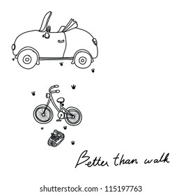 Hand draw doodle cute cartoon of car bicycle and shoe on white background