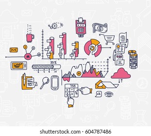 Hand draw doodle elements bank business finance analytics earnings.