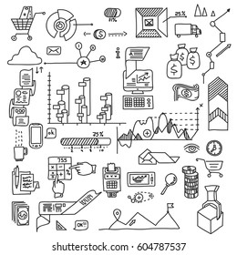 Hand draw doodle elements bank business finance analytics earnings.