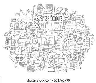 Hand draw doodle elements bank business finance analytics earnings