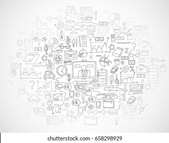 Hand draw doodle elements bank business finance analytics earnings