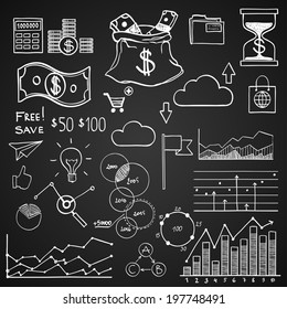 Hand draw doodle elements money and coin icon, chart graph. Concept bank business finance analytics earnings
