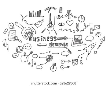 Hand draw doodle elements money and coin icon, chart graph. Concept business finance analytics earnings. Vector illustration
