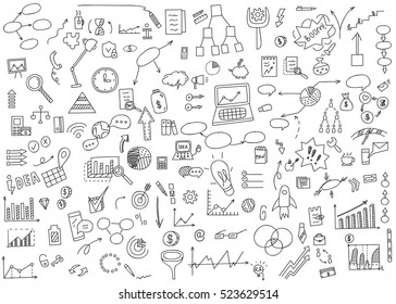 Hand draw doodle elements money and coin icon, chart graph. Concept business finance analytics earnings. Vector illustration.