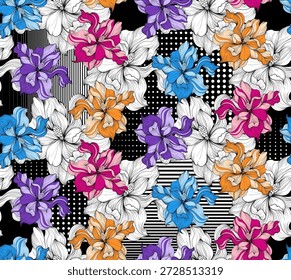 Hand zeichnen Doodle Blumen Muster. Nahtloses abstraktes Musterdesign in Vektorgrafik