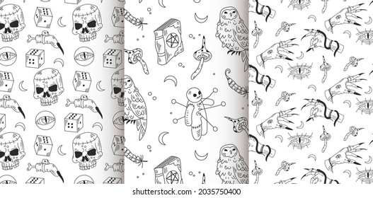 Hand draw doodle hallowen patterns on a white background. Vector line art