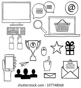 Hand draw doodle icons. Concept internet, work, office, shopping