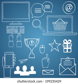 Hand draw doodle icons. Concept internet, work, office, shopping