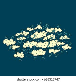 Hand draw doodle illustration with clouds and swirls. Yellow and blue colors.
