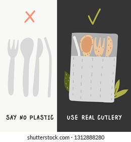 Hand draw doodle illustration with elements of zero waste life. Reusable cutlery. Eco life style without plastic.
