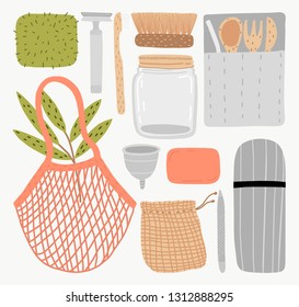 Hand draw doodle illustration with elements of zero waste life. Reusable cutlery. Eco life style without plastic.