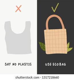 Hand draw doodle illustration with elements of zero waste life. Shopping bag with food. Eco life style without plastic.