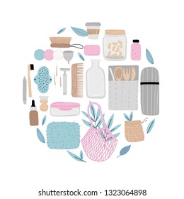 Hand draw doodle illustration with elements of zero waste life. Reusable cutlery. Eco life style without plastic.
