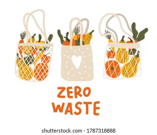 Hand draw doodle illustration with elements of zero waste life. Shopping bag with food. Eco life style without plastic.