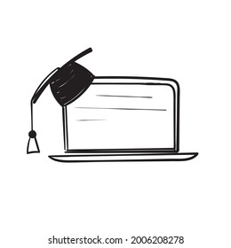 hand draw doodle laptop and graduation hat symbol for education illustration vector isolated
