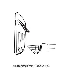 doodle de mano símbolo de ilustración de móvil y tienda para tienda online y carro de compras aislado