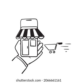 doodle de mano símbolo de ilustración de móvil y tienda para tienda online y carro de compras aislado