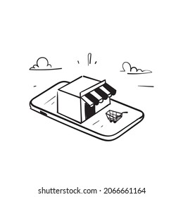 doodle de mano símbolo de ilustración de móvil y tienda para tienda online y carro de compras aislado