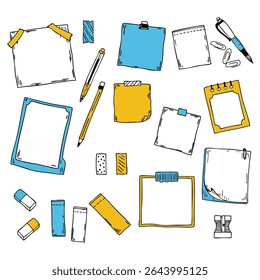 Hand draw doodle paper sheet. Hand drawn sketch notebook, sticky note and notepad page. Sketch doodle sheets vector illustration set.