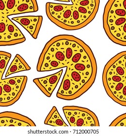 Hand draw doodle pizza seamless pattern background. Fast food seamless vector pattern.