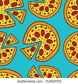 Hand draw doodle pizza seamless pattern background. Fast food seamless vector pattern.