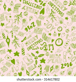 Hand draw doodle seamless pattern. Unique vector new year pattern for your scrapbooking projects.  Pattern for fabric, wallpaper, gift wrapping. Christmas text seamless pattern.