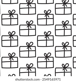 Hand draw Doodle Seamless vector pattern gift box on a white background Vector illustration for Birthday, Merry Christmas, New year. Template design for invitation, poster, card, fabric, textile.