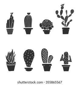 Hand draw doodle. Set cactuses in the pots