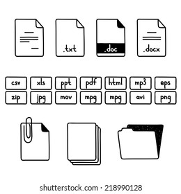 Hand draw doodle sketch set of document file formats icons