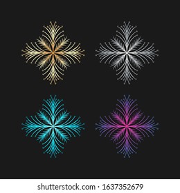 Hand draw doodle snowflake on different color: gold, silver, blue, purple for decor and designs. Doodle boho element for greeting card or businesses banner. Can be used for textile and warping paper.