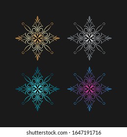 Hand draw doodle snowflake on different color: gold, silver, blue, purple for decor and designs. Doodle boho element for greeting card or businesses banner. Can be used for textile and warping paper.