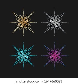 Hand draw doodle snowflake on different color: gold, silver, blue, purple for decor and designs. Doodle boho element for greeting card or businesses banner. Can be used for textile and warping paper.