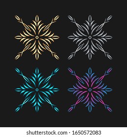 Hand draw doodle snowflake on different color: gold, silver, blue, purple for decor and designs. Doodle boho element for greeting card or businesses banner. Can be used for textile and warping paper.