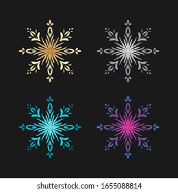 Hand draw doodle snowflake on different color: gold, silver, blue, purple for decor and designs. Doodle boho element for greeting card or businesses banner. Can be used for textile and warping paper.