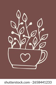 Taza de té de Doodle del dibujo de la mano con el corazón y el fondo del color de la planta