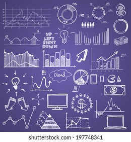 hand draw doodle web charts business finanse elements on chalk board. Concept - graph, chart, pie, arrows signs