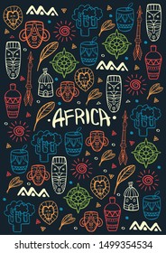 Hand draw doodles of Africa word. Colorful illustration. Background with lots of objects
