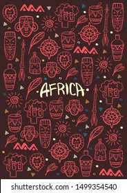 Hand draw doodles of Africa word. Colorful illustration. Background with lots of objects