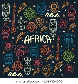 Hand draw doodles of Africa word. Colorful illustration. Background with lots of objects