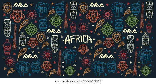 Hand draw doodles of Africa word. Colorful illustration. Background with lots of objects