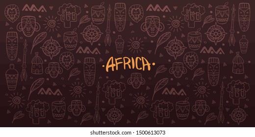 Hand draw doodles of Africa word. Colorful illustration. Background with lots of objects