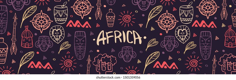 Hand draw doodles of Africa word. Colorful illustration. Background with lots of objects