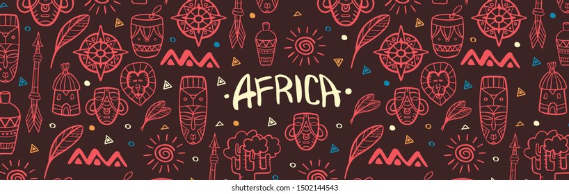 Hand draw doodles of Africa word. Colorful illustration. Background with lots of objects