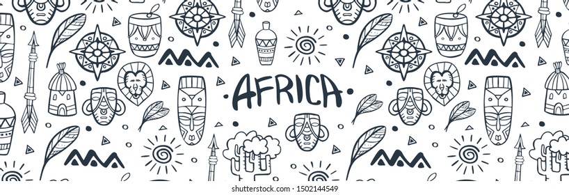 Hand draw doodles of Africa word. Colorful illustration. Background with lots of objects