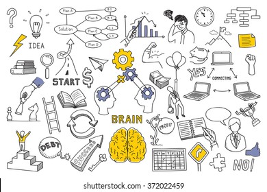 Hand Draw Doodles Vector Illustration Set In Concept Of Brain, Thinking, Business Solution, Method, Strategy, Object, Opportunity, Success, Idea. Sketching Or Drawing Style. 