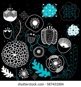 hand draw doodling flowers on the black background